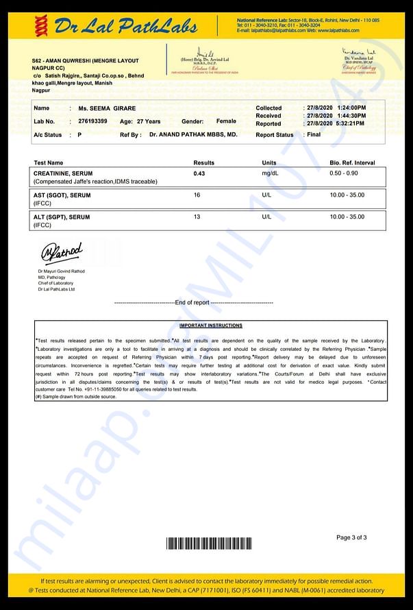 Blood report - 27/ 0 8 / 2020