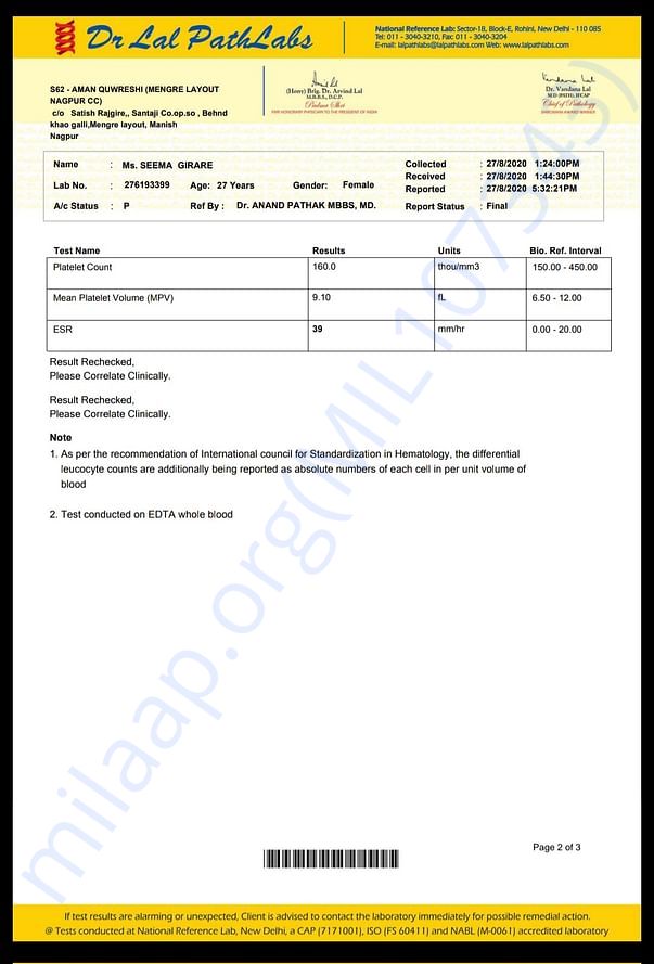 Blood report - 27/ 0 8 / 2020