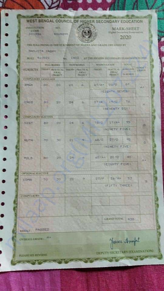 Higher Secondary Examination Marksheet