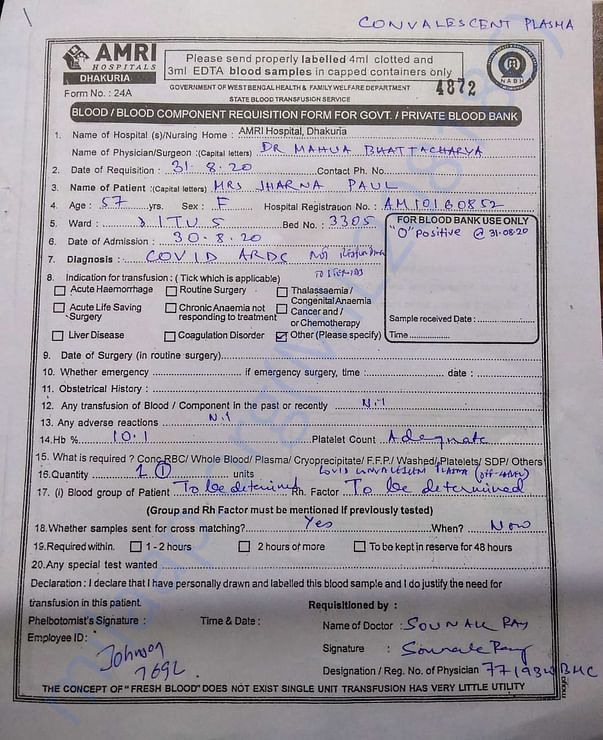 Requisition form for Convalescent Plasma