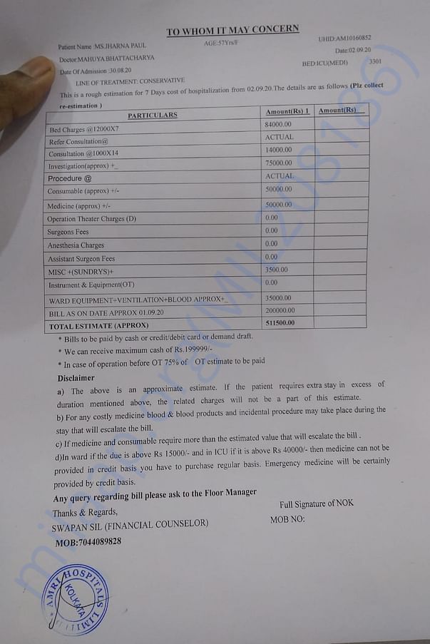 Estimated bill for the first 7 days in hospital
