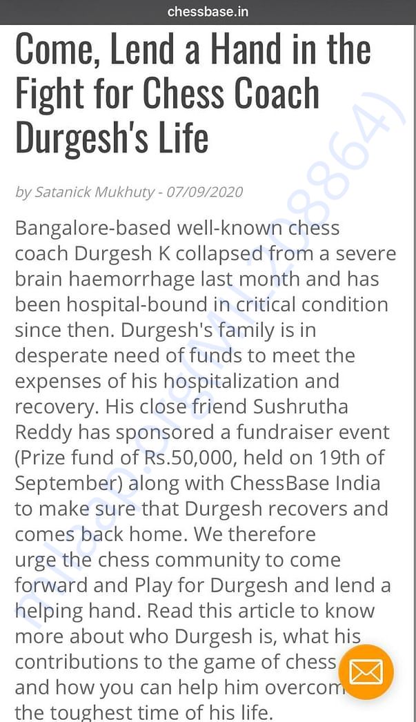 An article to raise funds for Bangalore based chess coach Durgesh K