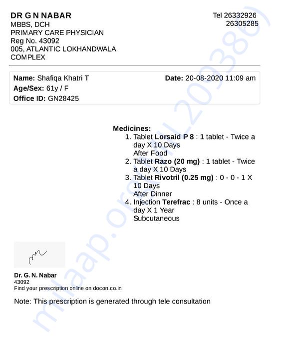 Dr. G N NABAR's prescription for injection & medicines