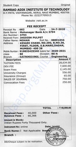 College fee receipt has been attached for reference