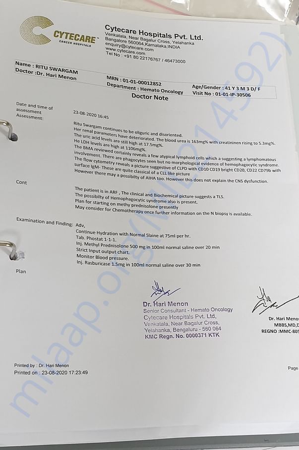 Doctor's Note on Initial Diagnosis
