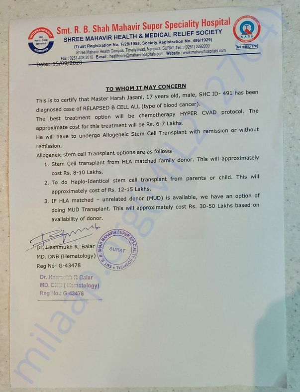 Estimated cost and medical report from Doctor