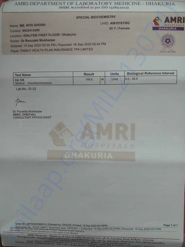 CA-125 Blood Test Report