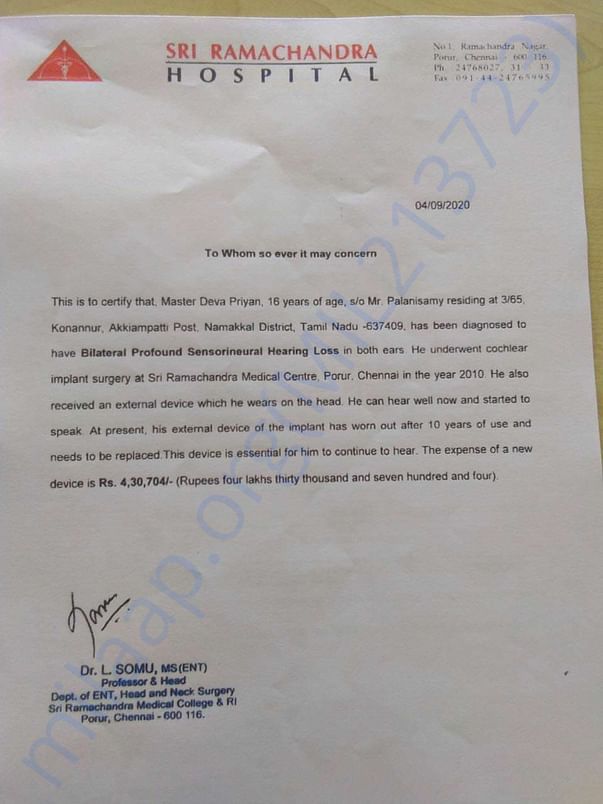Letter from Head of ENT at Ramachandra Hospital