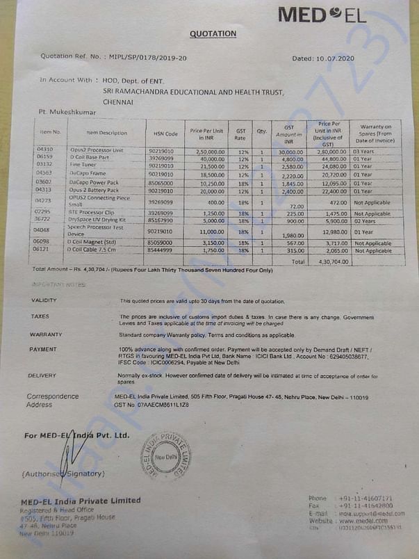 Estimated charges for implant