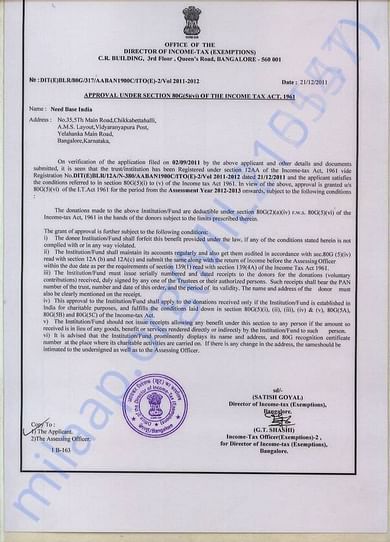 Government Of India - Need Base India 80G Certificate