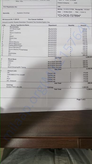 Blood bank, Clinical Labs, Cytology and Biochemistry bills