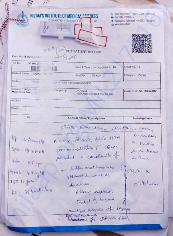 NIMS HOSPITAL REPORT ON 4TH OCTOBER 2020
