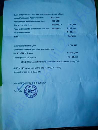 Quotation for 2nd to 6 th year fees