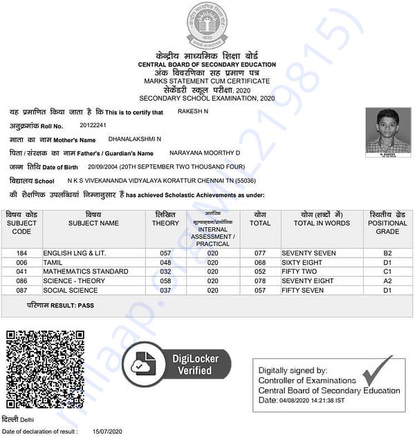 10th marksheet