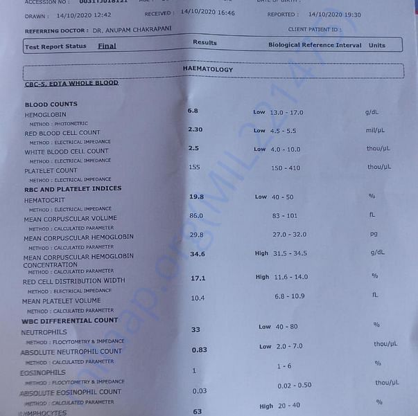 Page 1 of Report of Complete Blood Count after Chemotherapy - Cycle I
