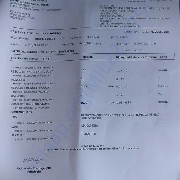 Page 2 of Report of Complete Blood Count after Chemotherapy - Cycle I