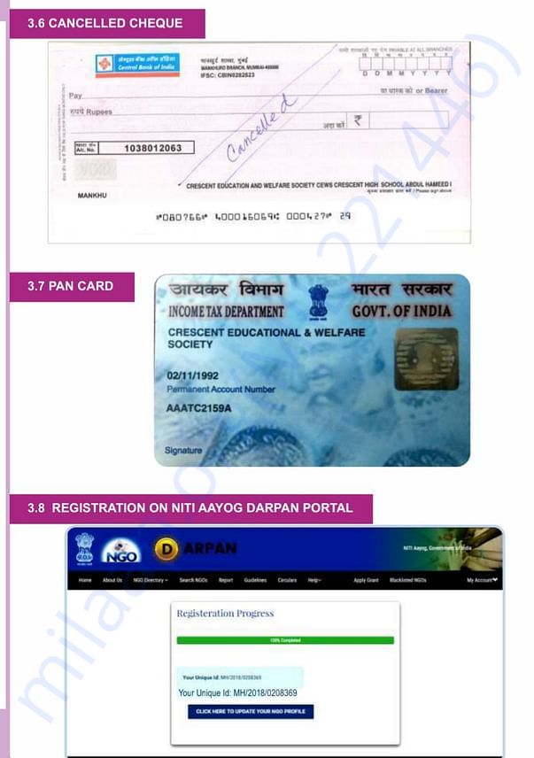 Cancelled Cheque- PAN Card- Niti Aayog Darpan Portal