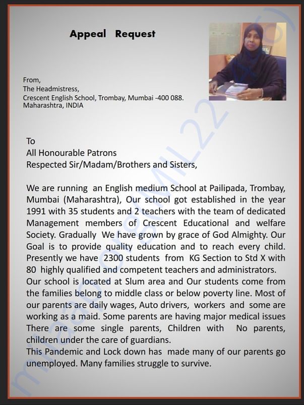 Appeal Request letter from School Headmistress Page 1