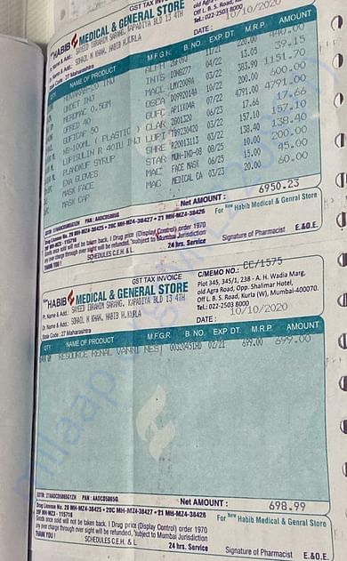 Medicine bill (10/10/2020)