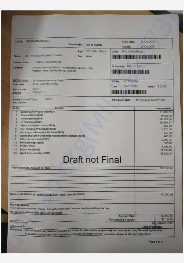 Per day bill of hospital.