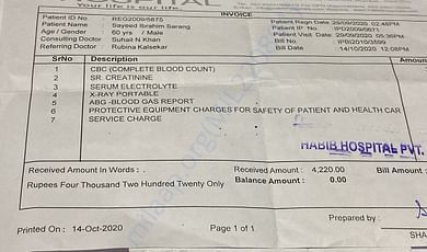Lab test bill (14/10/2020)