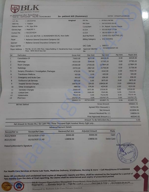 Hospital Bill from 3/10/2020 to 16/10/2020