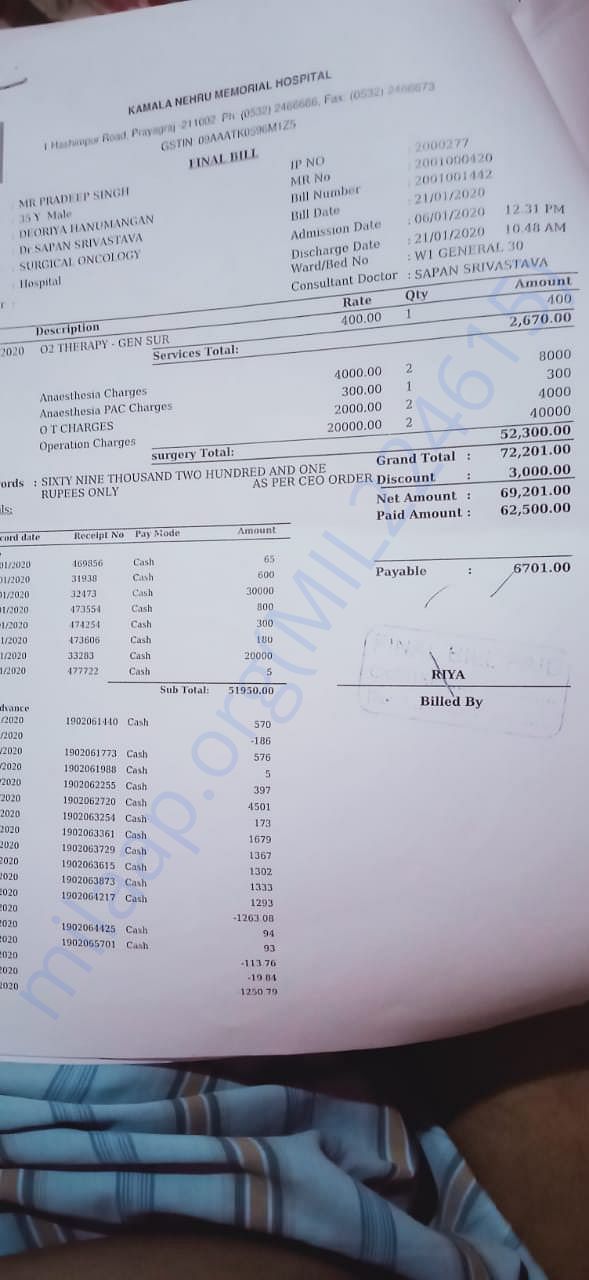 Treatment bill 69000 on January 2020