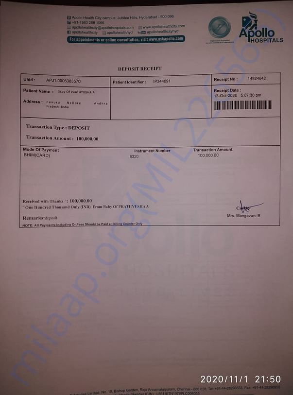 BILL OF PAYMENT OF 1 LAKH TO APOLLO JUBILEEHILLS ON 13 OCT