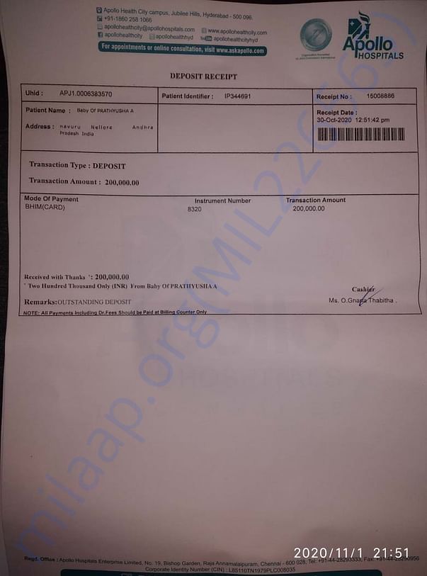 BILL OF PAYMENT OF 2 LAKHS TO APOLLO JUBILEEHILLS ON 30 OC