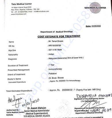 Estimate for Immunotherapy Treatment for Tamal Ghatak