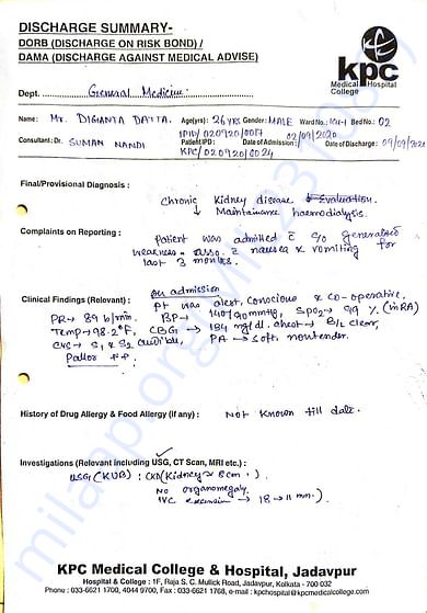 Discharge summary from KPC hospital Kolkata(page1)