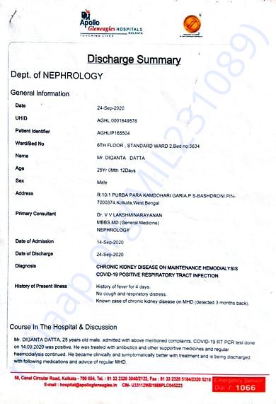 Discharge summary from KPC Apollo Gleneagles Kolkata(page1)