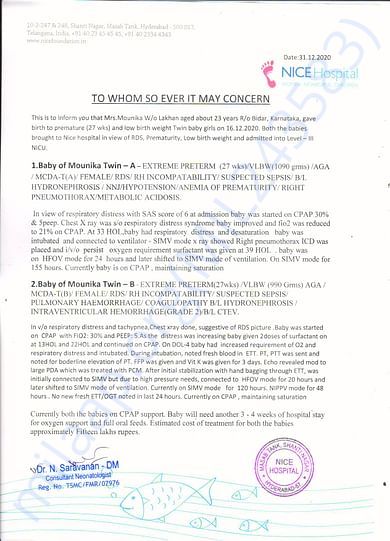 ESTIMATION LETTER OF TWIN BABY GIRLS OF MOUNIKA