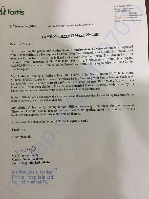 Fortis hospital social worker letter