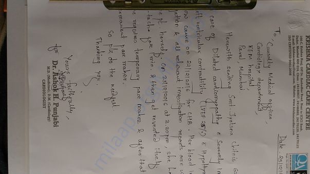 Letter from clinic under which she was getting her regular check ups
