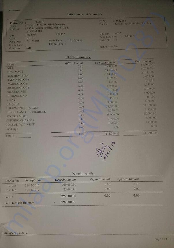 2 weeks Bill for baby's hospitalization frm 28th Dec16 till 10th Jan17