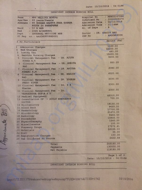 Last pending bill from Manipal Hospital