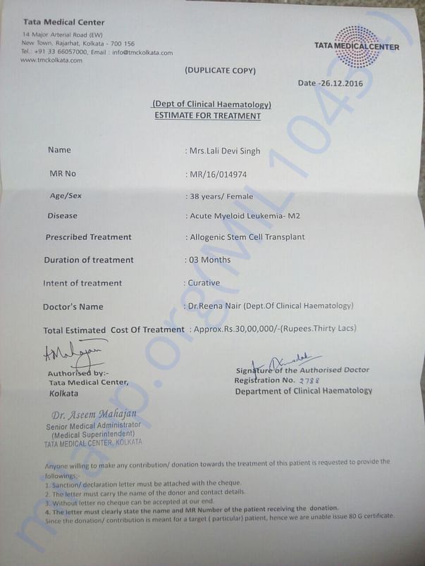 Bone-Marrow Transplant Estimate given by Tata Medical Center ,Kolkata