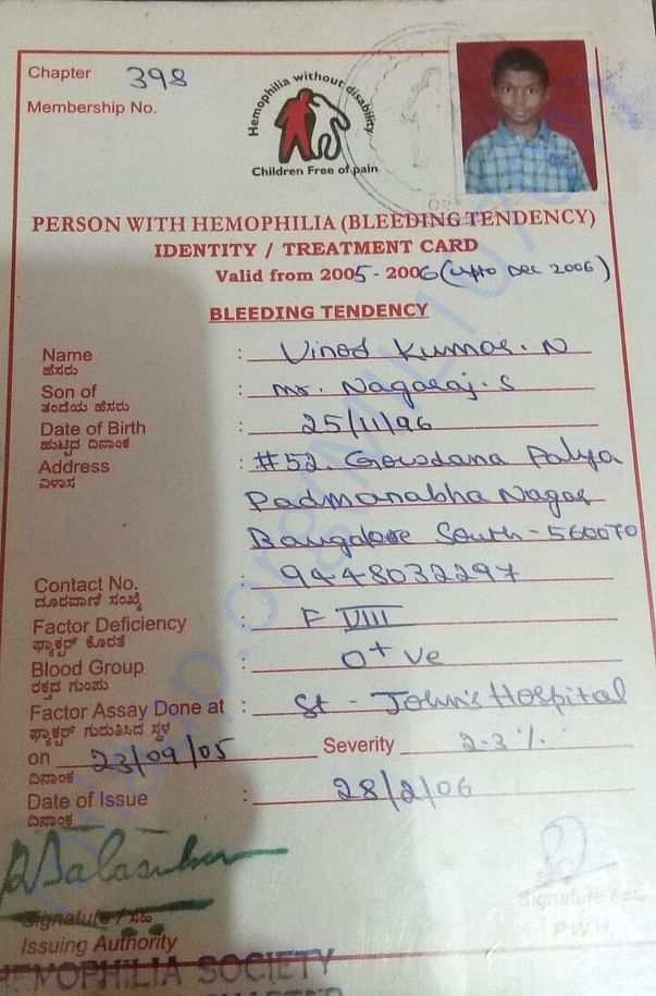 Haemophilia patient certificate