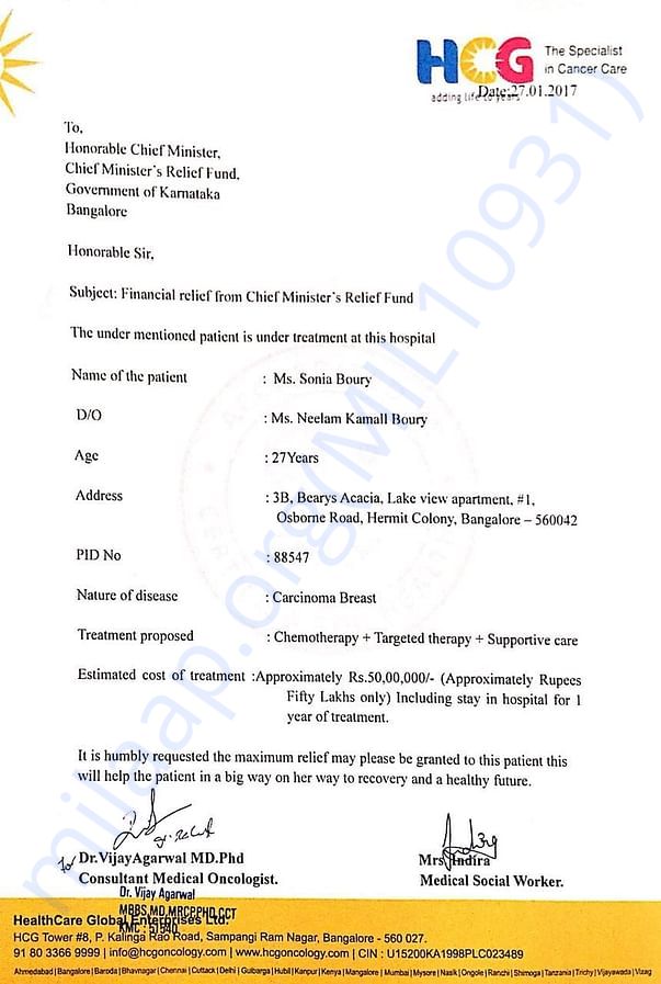 Letter from Dr. Vijay Agarwal, HCG Bangalore