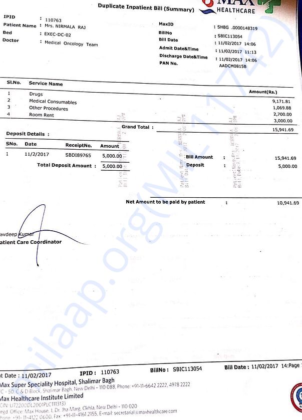 Chemo bill- 11/02/17, Max