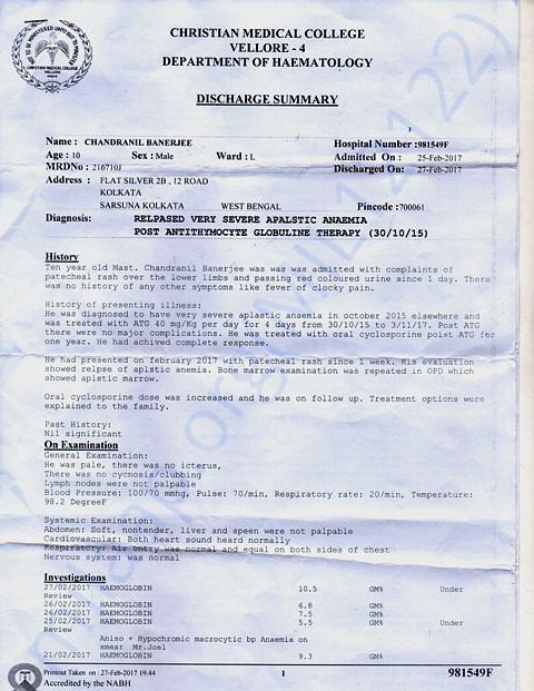 DISCHARGE CERTIFICATE AS I COULD NOT START TREATMENT (BMT)DUE TO MONEY