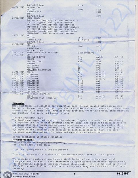 DISCHARGE CERTIFICATE AS I COULD NOT START TREATMENT (BMT)DUE TO MONEY