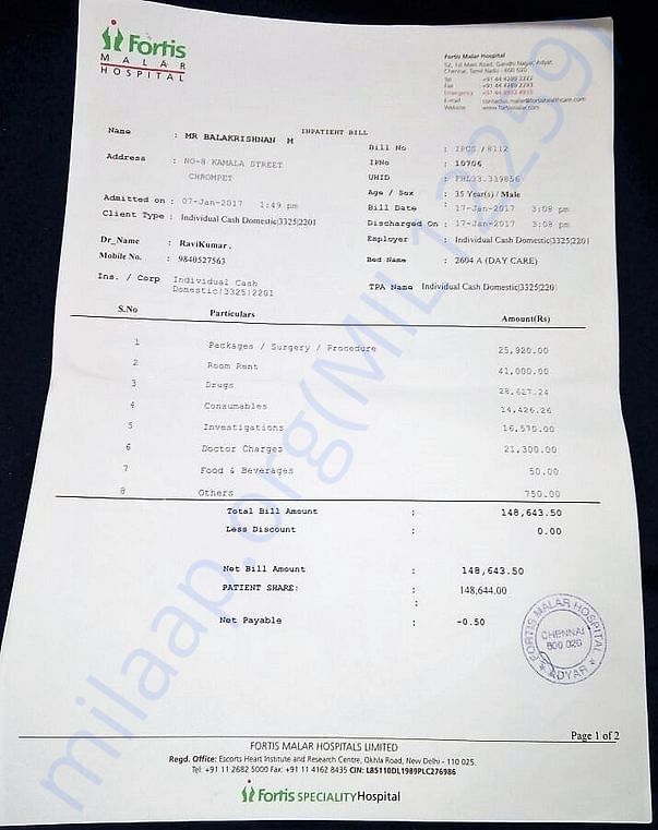 Fortis Malar hospital bill