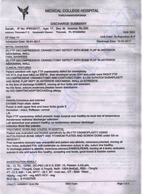Replant of Skull-Brain surgery-Sharath