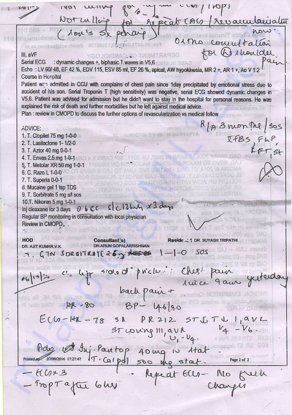 Angioplasty suugested by doctors - Report (Father - Ayyappan)