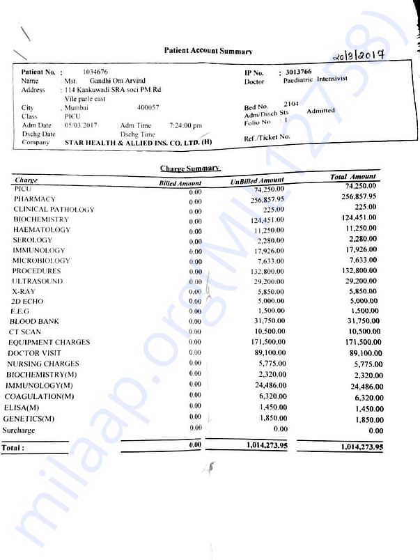 BILL OF TREATMENT TILL DATE