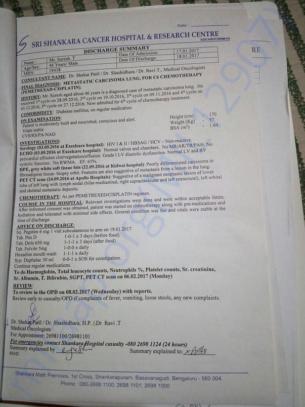 Discharge Summary from Shankara Cancel Hospital