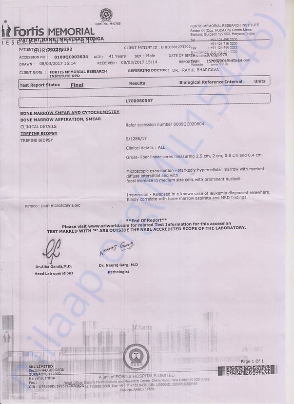 Medical Test report of Vikas Monga