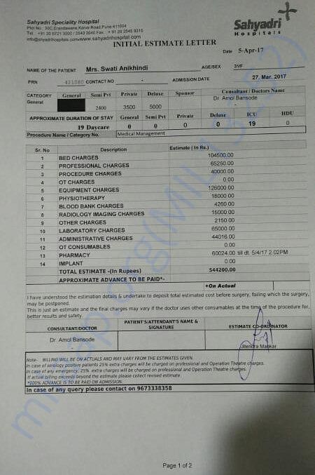 Estimation given by Hospital